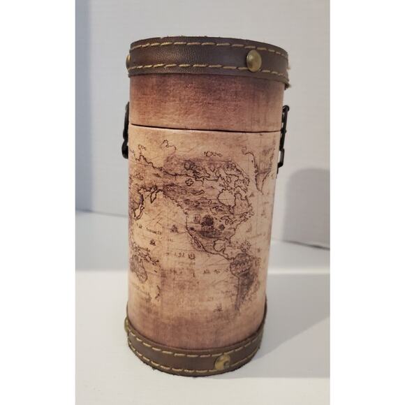Leather Map Designed Storage Container 6 Inches Tall - Picture 2 of 8